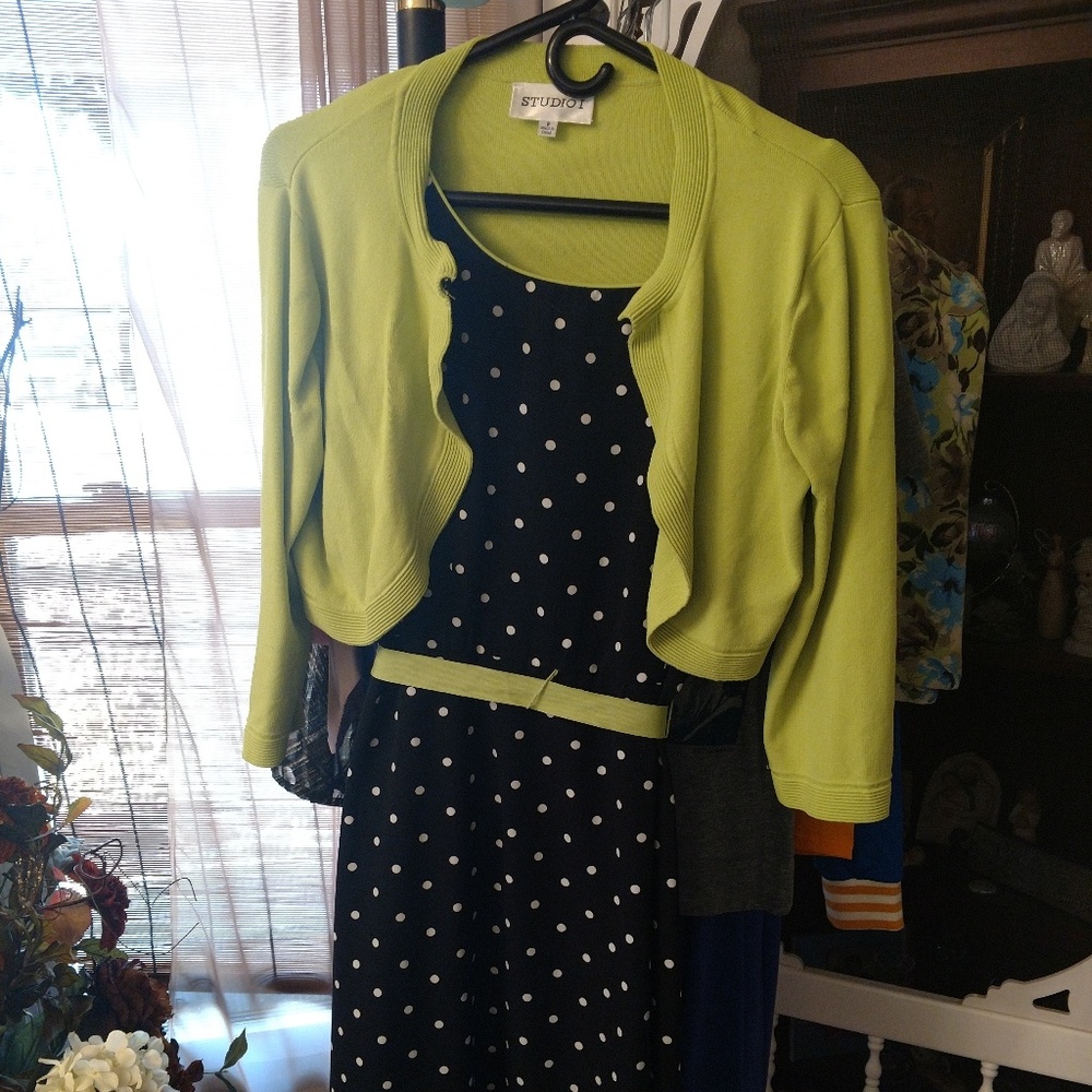 Apt I Long Black Polkadot Dress with Lime Shrug